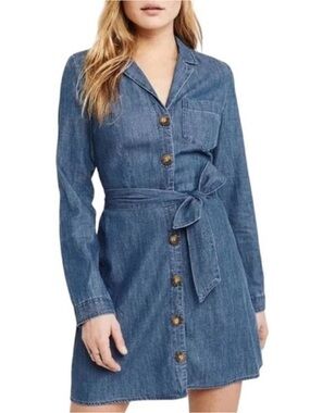 Abercrombie & Fitch Denim Chambray Button-Front Mini Shirt Dress with Tie Belt
